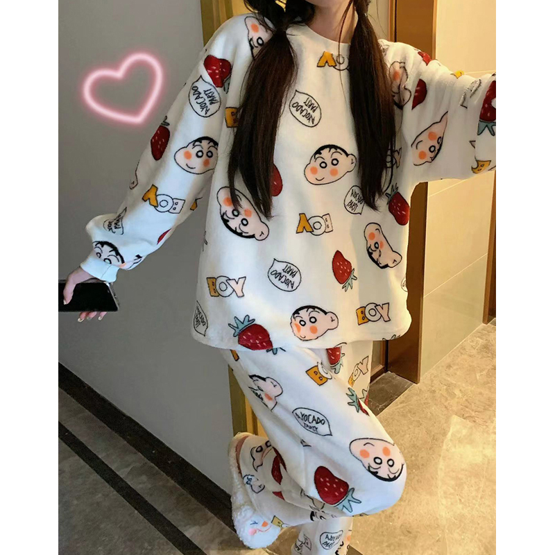 韩国ins睡衣女冬季加厚加绒珊瑚绒秋冬可爱KT猫法兰绒家居服套装 - 图2