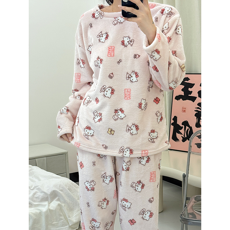 韩国ins睡衣女冬季加厚加绒珊瑚绒秋冬可爱KT猫法兰绒家居服套装 - 图1