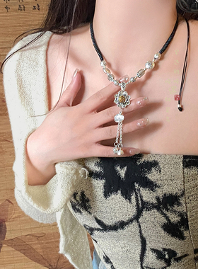 莲花吊坠黑绳项链新中式复古