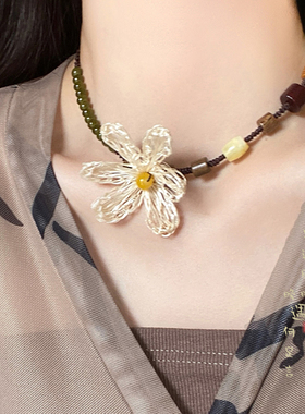 木质花朵项链新中式复古小众
