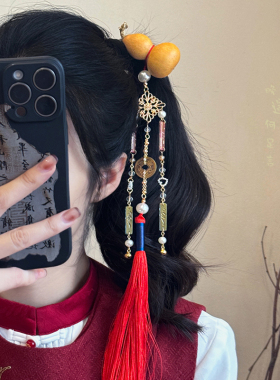 天然小葫芦铜钱发夹新中式古风