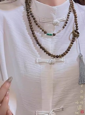 复古檀木串珠流苏项链新中式国风毛衣链汉服马面裙旗袍斜挎链配饰