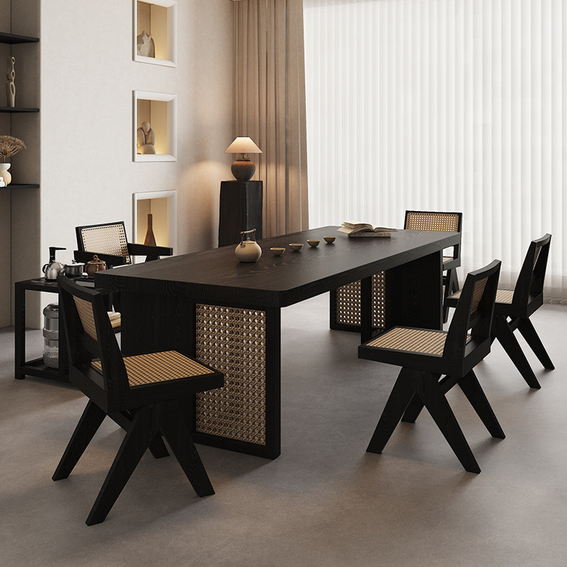 侘寂风藤编茶桌黑色实木茶几客厅家用小户型现代办公室茶台泡茶桌,淘宝优惠券,粉丝福利购,淘宝优惠卷