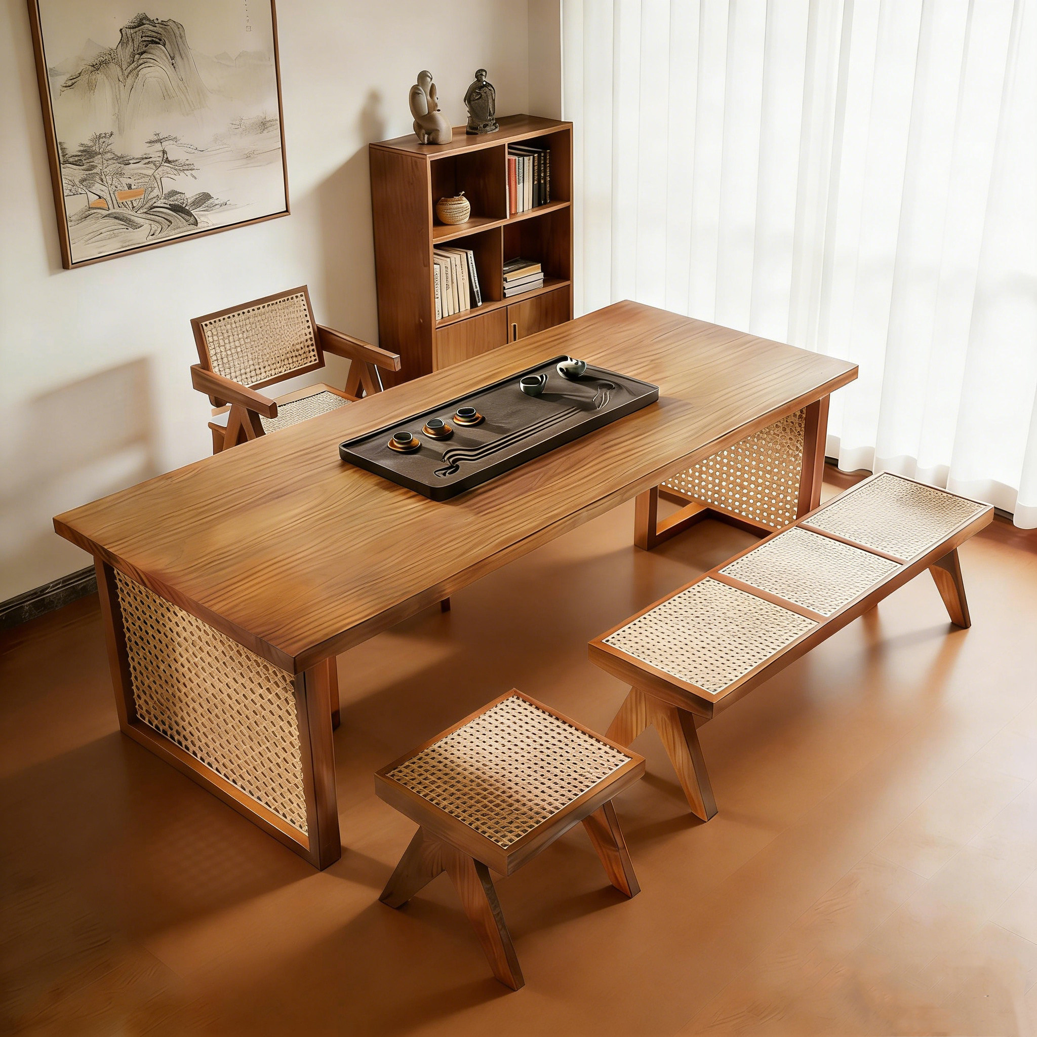 阳台休闲喝茶桌椅组合简约小型茶台实木茶几客厅家用藤编茶桌,淘宝优惠券,粉丝福利购,淘宝优惠卷