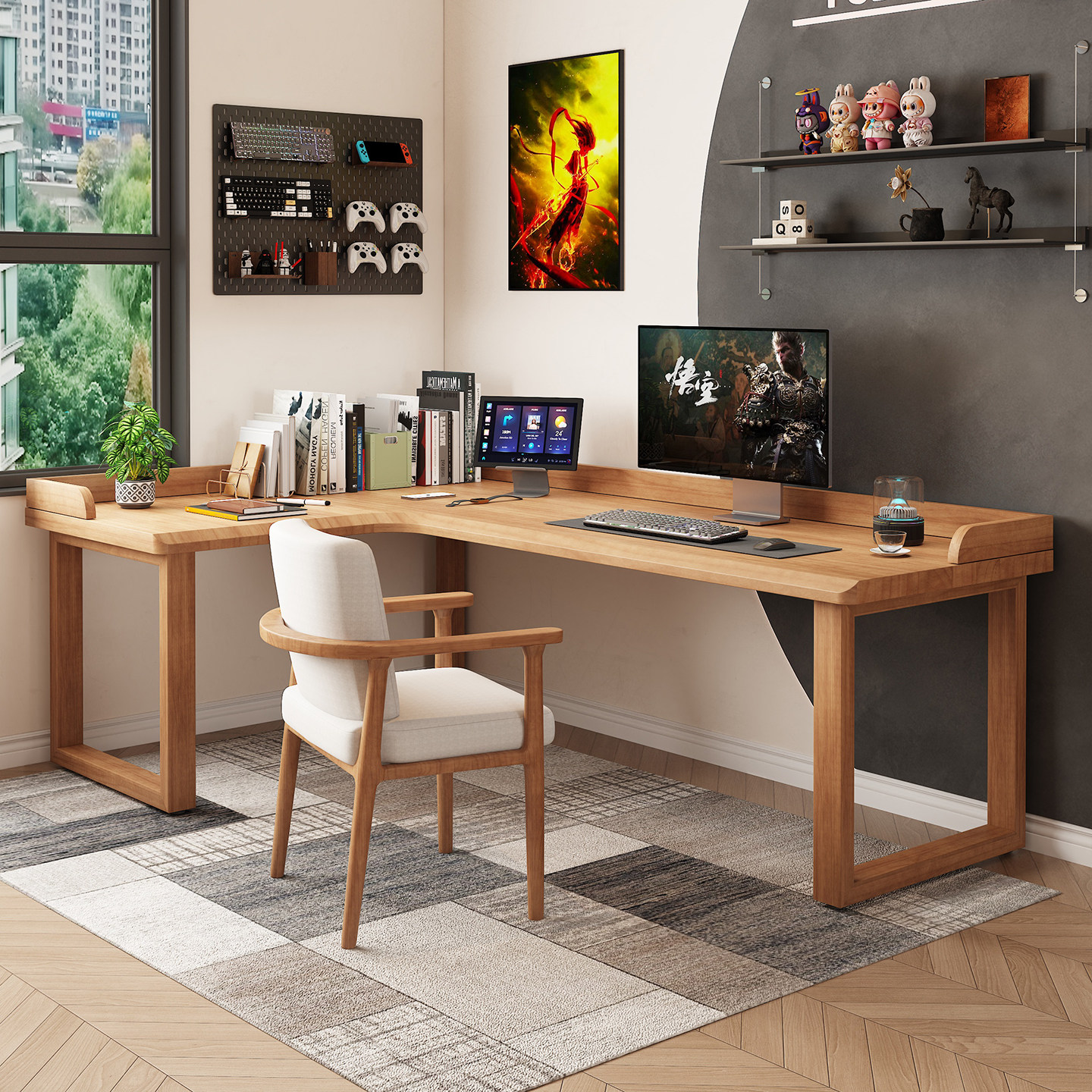 实木转角书桌家用客厅书房L形拐角桌简约现代阅读学习原木办公桌,淘宝优惠券,粉丝福利购,淘宝优惠卷