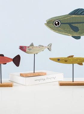 北欧风地中海木鱼摆件 纯手工彩色鱼形桌面装饰