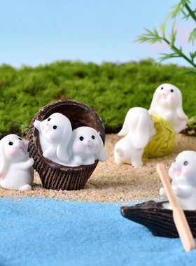 卡通划船兔子树脂小摆件造景装饰