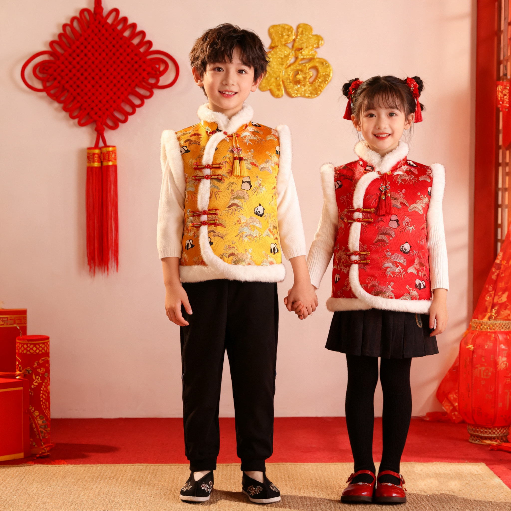 儿童拜年服唐装马甲男宝宝女童棉背心坎肩中国风幼儿园元旦表演服,淘宝优惠券,粉丝福利购,淘宝优惠卷