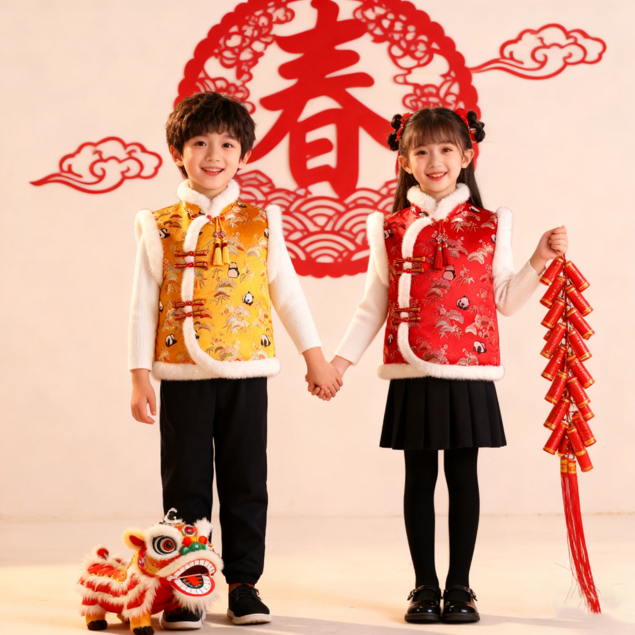 儿童拜年服唐装马甲男宝宝女童棉背心坎肩中国风幼儿园元旦表演服,淘宝优惠券,粉丝福利购,淘宝优惠卷