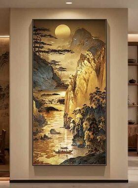 宋代美学山水玄关装饰画新中式一帆风顺走廊挂画流水生财入户壁画
