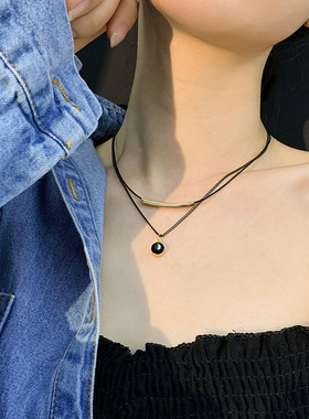 双层皮绳水晶锁骨链黑色暗黑系欧美风项链女ins冷淡风卫衣锁骨链