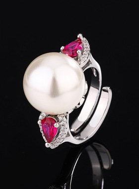 新款高档珠宝豪华镶嵌铜镀白金新款彩宝珍珠气质女式戒指14mm饰品