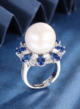 新款高档珠宝镀18K金镶嵌白色贝珠淡花蕊女士分色石戒指珠子16mm