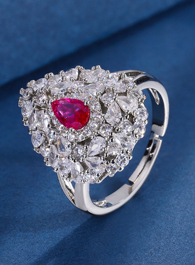 新款高档珠宝豪华镶嵌新款时尚首饰套装红刚玉吊坠戒指主石4*6