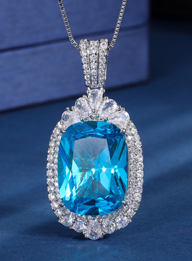 珠宝S925银镀18K金祖母绿色蓝宝肥长方15*20气质奢华吊坠项链玉坠