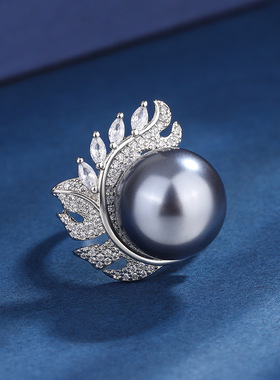 珠宝S925银镀18K金镶嵌贝母珍珠时尚镶钻灰珠创意女套装14mm12mm