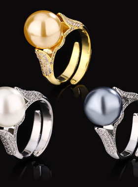 新款高档珠宝铜镀白金新款排戒珍珠气质简约女式戒指12mm饰品