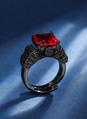 秋冬新款高档珠宝镀18K金刚玉公主方黑金个性戒指女10*10首饰