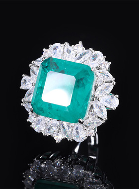 新款高档珠宝豪华镀18K金风祖母绿帕拉伊巴方形18*18气质戒指