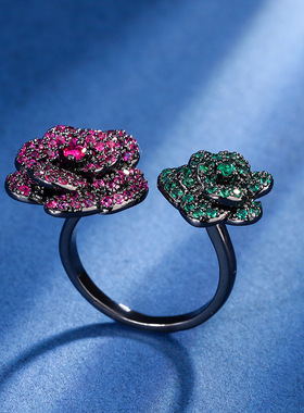 新款高档宝石珠宝镀18K金红刚玉黑金永生花个性戒指女款饰品