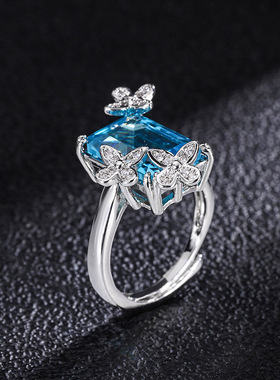 新款高档珠宝豪华镶嵌时尚流行托帕蓝简约风活口戒子主石10*14