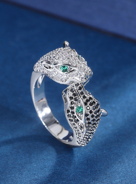 新款高档珠宝新款镀18K金复古满钻豪镶豹子气质轻奢可调节戒指