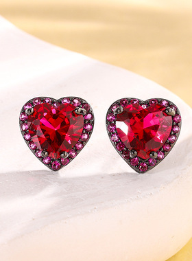 2024新款珠宝S925银镀18K金红刚玉心形黑金套装女款主石9*9饰品