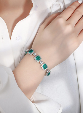 新款珠宝S925银镀18K金镶嵌祖母绿木佐绿色精工豪镶手链主石8*8