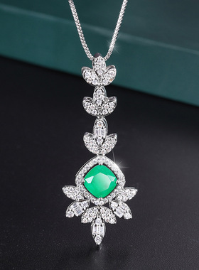 新款高档珠宝铜镀真金风祖母绿吊坠耳环女式套装主石8*8饰品首饰