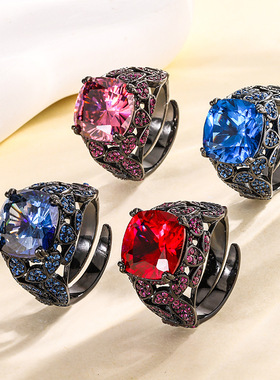 新款高档珠宝豪华镀金镀18K金刚玉肥方黑金个性戒指12*12饰品