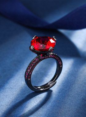 新款高档珠宝豪华镶嵌镀18K金刚玉圆形黑金个性戒指女12mm饰品