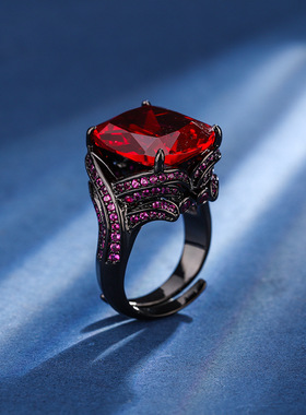 新款高档珠宝豪华镶嵌镀18K金刚玉肥长方黑金个性戒指女14*16饰品