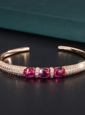 新款珠宝镀18K金韩式经典红刚玉素面满钻镶嵌女款手镯石6*8饰品