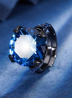 新款高档珠宝宝石豪华镀18K金刚玉圆形黑金复古戒指女16mm饰品