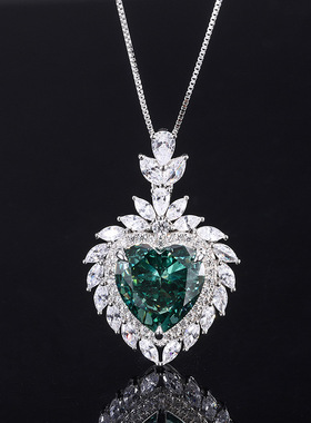 珠宝S925银镀18K金镶嵌薄荷绿高碳钻心形吊坠戒指套装主石15*15