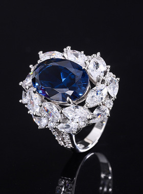 新款珠宝S925银镀18K金镶嵌彩宝款红宝蓝宝旦形10*14毕口手饰戒指