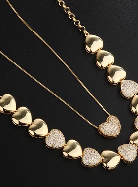 新款珠宝复古心形微镶锆石拼接项链锁骨链叠戴款夸张冷淡风颈链