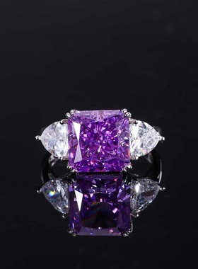 S925银镀18K金高碳钻薄荷绿正方10*10毕口戒子5克拉戒指女款首饰