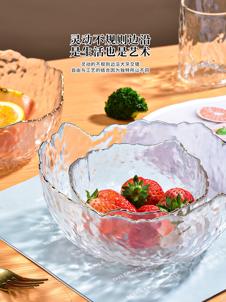 日式锤纹金边玻璃碗沙拉碗碟套装家用水果盘创意北欧风餐具甜品碗 - 图0
