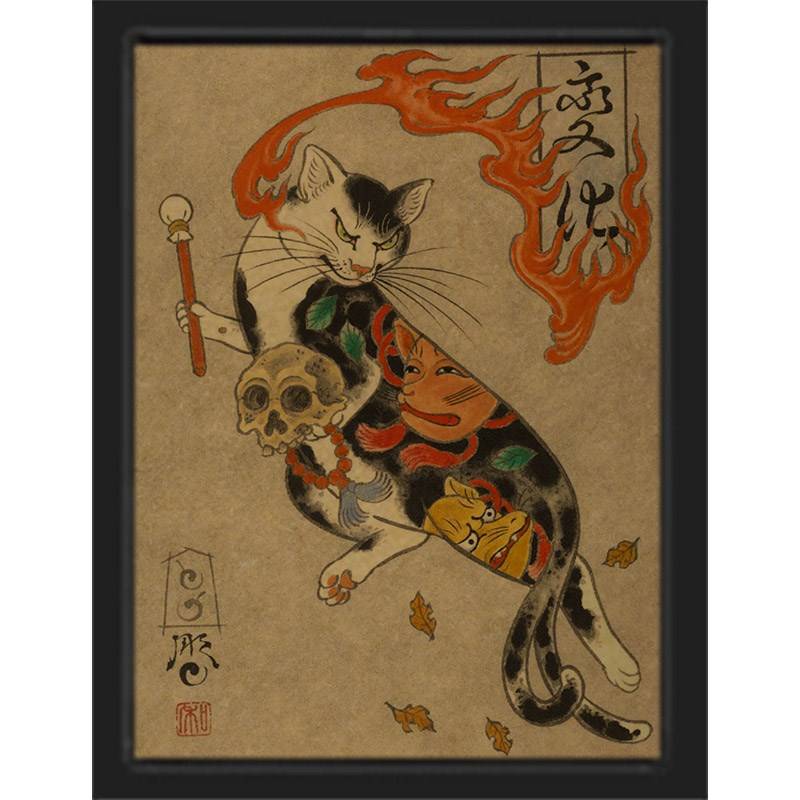 日式老传统壁画挂件武士猫牛皮纸海报框画纹身店墙壁装饰挂画包邮 - 图3
