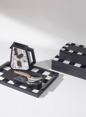 现代简约轻奢银箔金箔实木套装摆件样板间酒店民宿几何图纹摆设