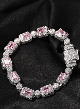 锆石嘻哈手链钻款镶嵌粉色混cuban/chain/hiphop12mm粉蓝男女情侣