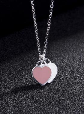项链纯银爱心双锁骨链吊坠t珐琅女家s925/925礼物心形蓝色桃心节
