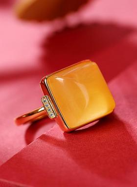 戒指蜜蜡天然女纯银小众复古琥珀银开口简约方形古金玉戒法925款