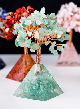 天然水晶碎石金字塔发财树摆件