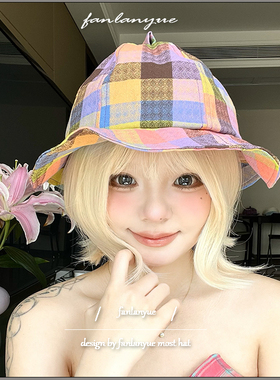 多巴胺彩色格子渔夫帽女春夏遮阳防晒太阳帽个性小众云朵盆帽凉帽
