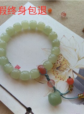 天然和田玉手链青海料青白玉桶珠