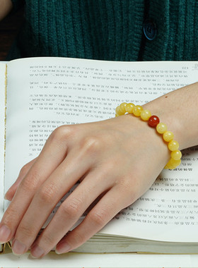 蜜蜡手串7mm单圈鸡油黄白花蜜DIY