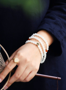 和田玉手串6mm多圈白玉搭配老银