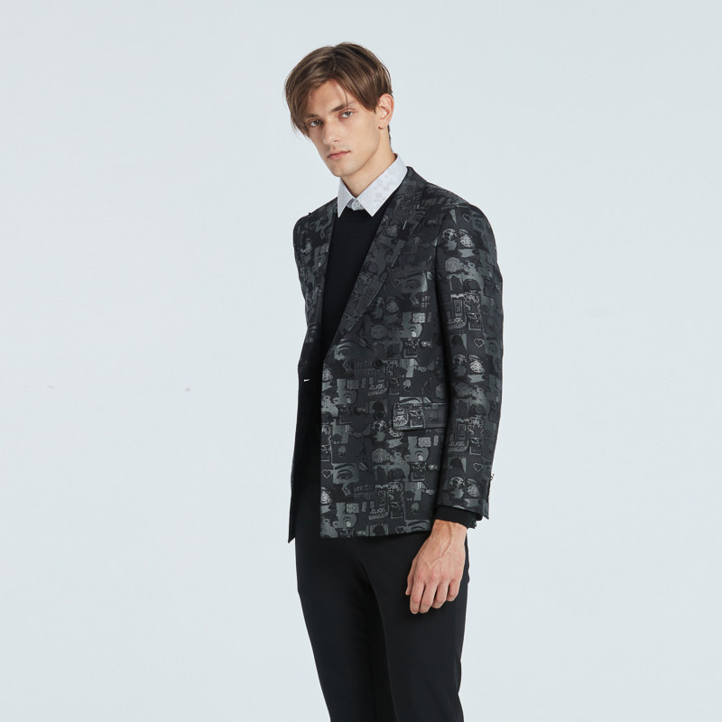 RARE威雅男装 秋冬新款时尚黑色logo提花男士西服正装外套,淘宝优惠券,粉丝福利购,淘宝优惠卷
